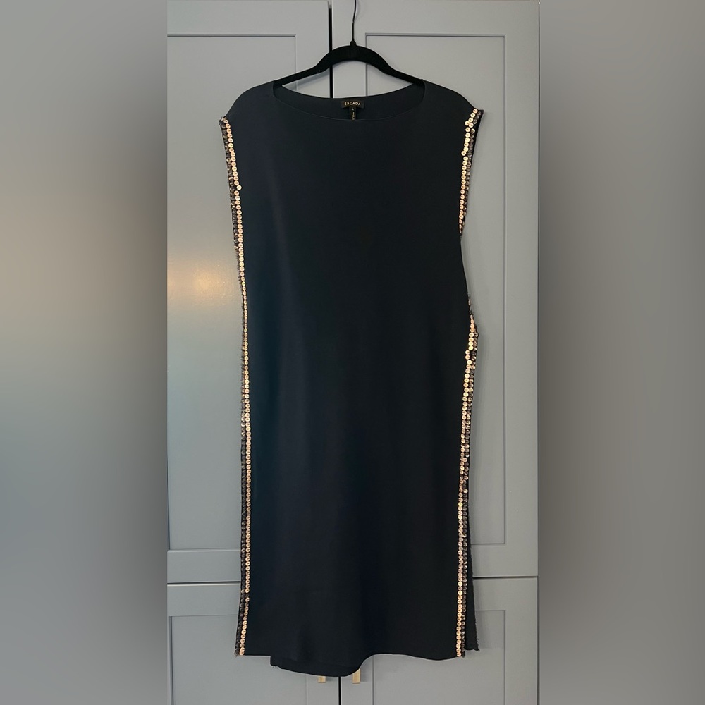 Escada Midnight Blue Open Side Dress with Gold Sequin Trim